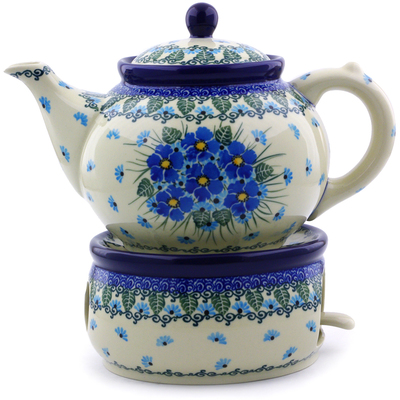 Polish Pottery Tea or Coffe Pot with Heater 40 oz Forget Me Not UNIKAT