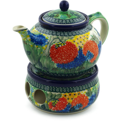 Polish Pottery Tea or Coffe Pot with Heater 40 oz Garden Delight UNIKAT