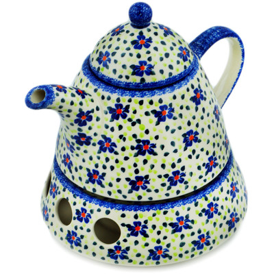 Polish Pottery Tea or Coffe Pot with Heater 40 oz Hope Flowes UNIKAT