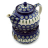 Polish Pottery Tea or Coffe Pot with Heater 40 oz Peacock Leaves