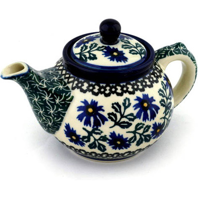 Polish Pottery Tea or Coffee Pot 13 oz Blue Chicory