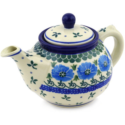 Polish Pottery Tea or Coffee Pot 13 oz Blue Poppy Chain