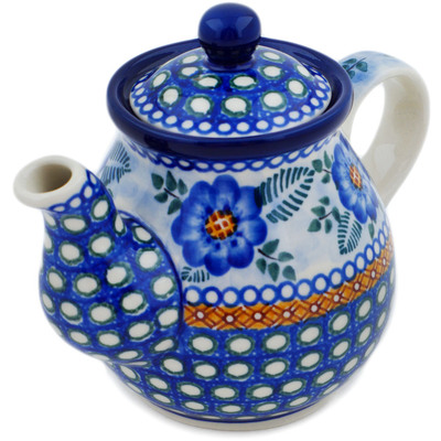 Polish Pottery Tea or Coffee Pot 13 oz Blue Poppy Circle UNIKAT