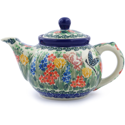 Polish Pottery Tea or Coffee Pot 13 oz Dragonfly Bouquet UNIKAT