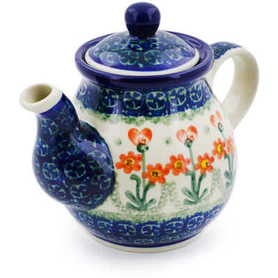Polish Pottery Tea or Coffee Pot 13 oz Peach Spring Daisy