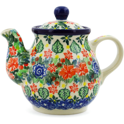 Polish Pottery Tea or Coffee Pot 13 oz Red Bouquet UNIKAT