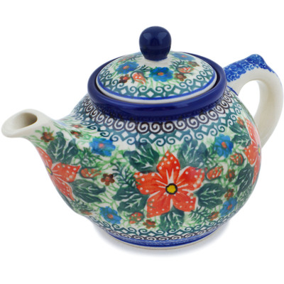 Polish Pottery Tea or Coffee Pot 13 oz Red Jackmanii UNIKAT