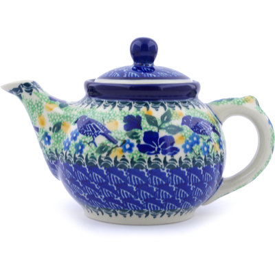 Polish Pottery Tea or Coffee Pot 13 oz Sitting Blue Birds UNIKAT