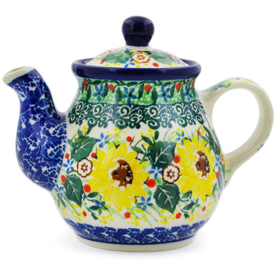 Polish Pottery Tea or Coffee Pot 13 oz Yellow Garden UNIKAT