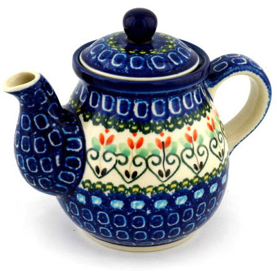 Polish Pottery Tea or Coffee Pot 20 oz Heart Vines UNIKAT
