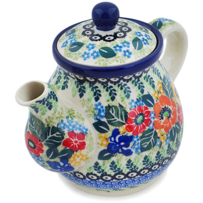 Polish Pottery Tea or Coffee Pot 20 oz Iris Meadow UNIKAT