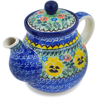 Polish Pottery Tea or Coffee Pot 20 oz Pansies Field UNIKAT