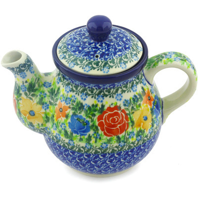 Polish Pottery Tea or Coffee Pot 20 oz Sea Of Flowers UNIKAT