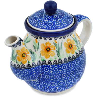 Polish Pottery Tea or Coffee Pot 20 oz Yellow Daffodil Field UNIKAT