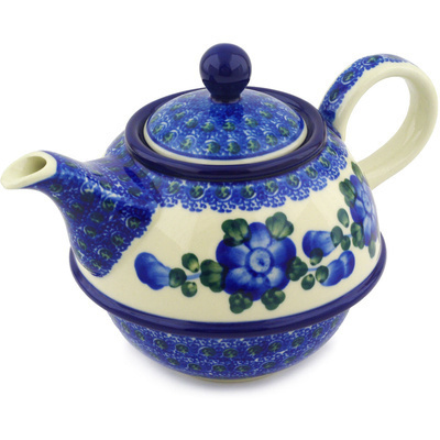 Polish Pottery Tea or Coffee Pot 22 oz Blue Poppies