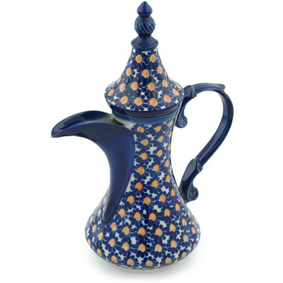 Polish Pottery Tea or Coffee Pot 23 oz Blue Sunflower UNIKAT