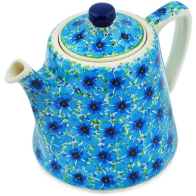 Polish Pottery Tea or Coffee Pot 29 oz Blue Bachelor Buttons UNIKAT