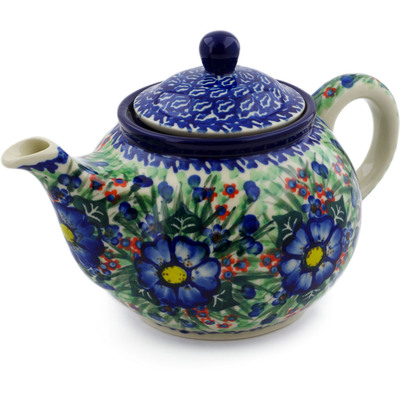 Polish Pottery Tea or Coffee Pot 3&frac12; cups Blue Bud Delight UNIKAT