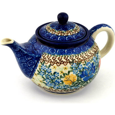 Polish Pottery Tea or Coffee Pot 3&frac12; cups Bluebonnets And Roses UNIKAT