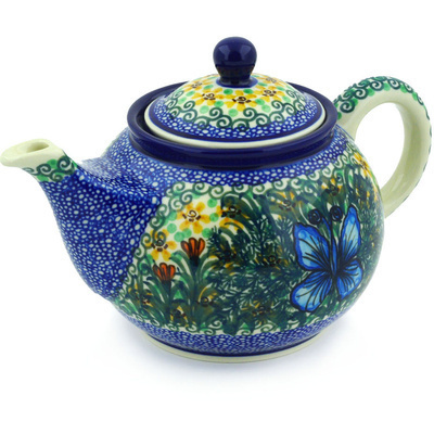 Polish Pottery Tea or Coffee Pot 3&frac12; cups Butterfly Holly UNIKAT