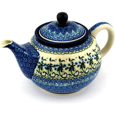 Polish Pottery Tea or Coffee Pot 3&frac12; cups Forget Me Not Circle UNIKAT