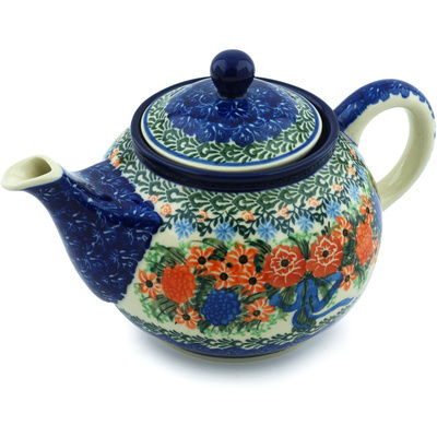Polish Pottery Tea or Coffee Pot 3&frac12; cups Hummingbird Bouquet UNIKAT