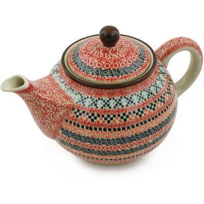 Polish Pottery Tea or Coffee Pot 3&frac12; cups Orange Kaleidoscope UNIKAT