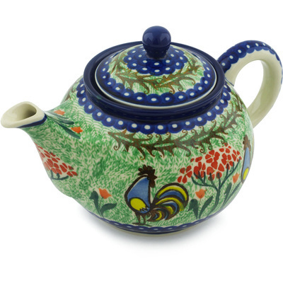 Polish Pottery Tea or Coffee Pot 3&frac12; cups Rooster Dance UNIKAT