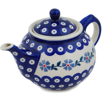 Polish Pottery Tea or Coffee Pot 33 oz Peacock Forget-me-not