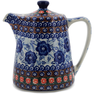 Polish Pottery Tea or Coffee Pot 37 oz Dancing Blue Poppies UNIKAT