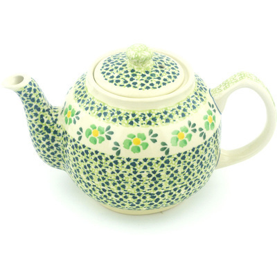 Polish Pottery Tea or Coffee Pot 4 Cup Lime Flowers