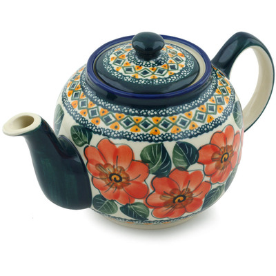 Polish Pottery Tea or Coffee Pot 4 Cup Peach Poppies UNIKAT