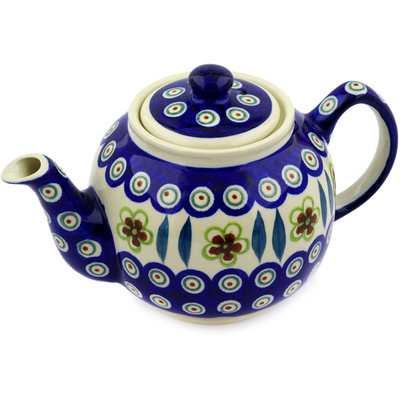 Polish Pottery Tea or Coffee Pot 4 Cup Peacock Garden