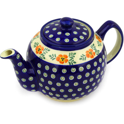 Polish Pottery Tea or Coffee Pot 4 Cup Poinsetia Peacock