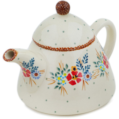 Polish Pottery Tea or Coffee Pot 41 oz Rustic Field Flowers Red