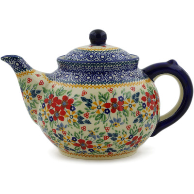 Polish Pottery Tea or Coffee Pot 47 oz Ruby Bouquet UNIKAT