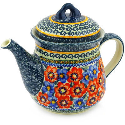 Polish Pottery Tea or Coffee Pot 52 oz Blue And Red Poppies UNIKAT