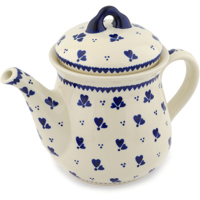 Polish Pottery Tea or Coffee Pot 52 oz Blue Heart Trio