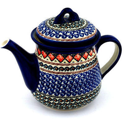 Polish Pottery Tea or Coffee Pot 52 oz Coral Diamonds UNIKAT