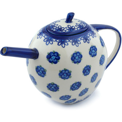 Polish Pottery Tea or Coffee Pot 55 oz Blue Flower Halo UNIKAT
