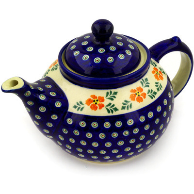 Polish Pottery Tea or Coffee Pot 6 Cup Poinsetia Peacock