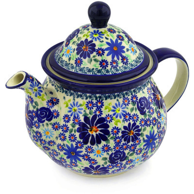 Polish Pottery Tea or Coffee Pot 6 cups Blue Summer Garden