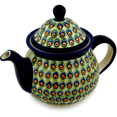 Polish Pottery Tea or Coffee Pot 6 cups Peacock Feathers