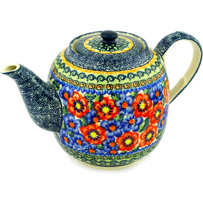 Polish Pottery Tea or Coffee Pot 60 oz Blue And Red Poppies UNIKAT