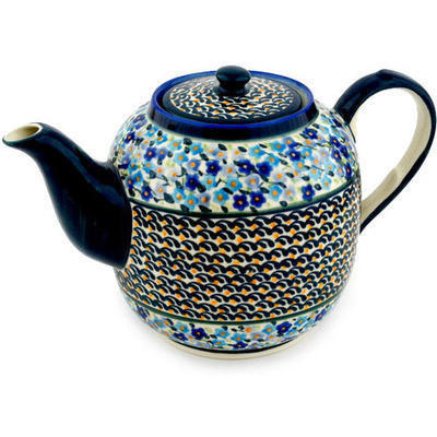 Polish Pottery Tea or Coffee Pot 60 oz Forget Me Not Basket UNIKAT