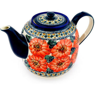 Polish Pottery Tea or Coffee Pot 60 oz Peach Poppies UNIKAT