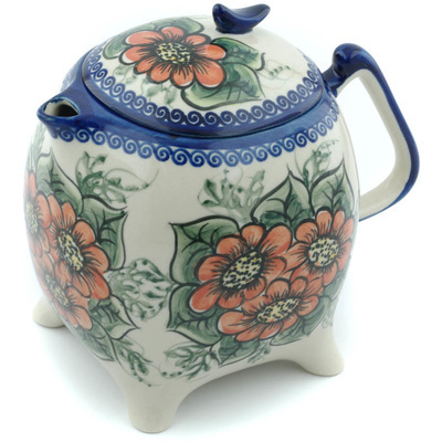 Polish Pottery Tea or Coffee Pot 62 oz Orange Bouquet UNIKAT