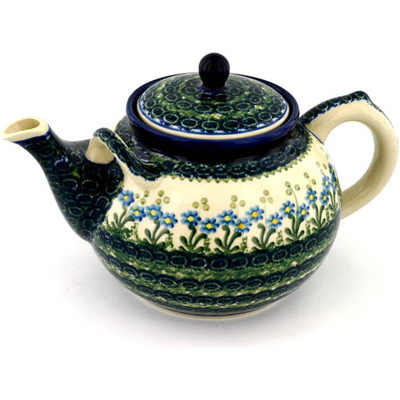 Polish Pottery Tea or Coffee Pot 7 cups Blue Daisy Circle