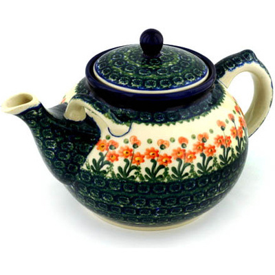 Polish Pottery Tea or Coffee Pot 7 cups Peach Spring Daisy
