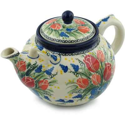 Polish Pottery Tea or Coffee Pot 7 cups Tulip Bouquet UNIKAT